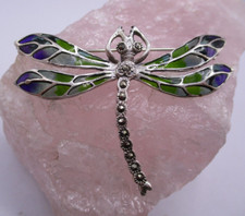 Kettenanhänger Brosche Libelle 925 Sterlingsilber Emaille Markasiten 6 x 4,5 cm