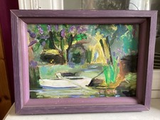 kleines Acrylgemälde ohne Signatur Boot Kahn Weiher Tümpel See