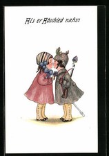 Künstler-AK Als er Abschied nahm, Soldatchen mit Säbel und Gewehr, Kinder Krieg 