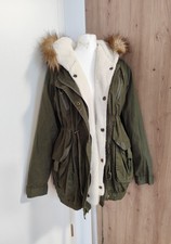 Damen Parka Jacke S 36 Teddy Fleece Futter Herausnehmbar, Fellkapuze Khaki Oliv 