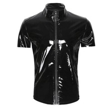 Herren T-Shirt Oberteil Reißverschluss Clubwear Weste Kostüm PVC Leder Unterwäsche Langarm