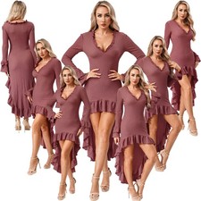 Damen Langarm Kleider Retro V-Ausschnitt Tunika Partykleider Unregelmäßig Rock