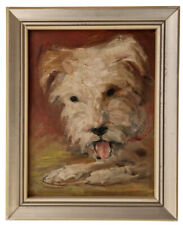? Altes kleines Ölgemälde Hund Portrait Foxterrier Gerahmt Sign. - 24 x 19,5 cm