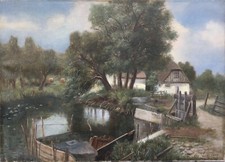 Anker Lund 1840-1922 Dorfidylle mit Weiden und Bauernkate 1918 45 x 63 cm