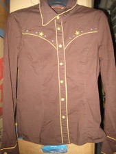 VINTAGE Bluse Square Dance Western Country braun Glitzer FISHBONE 36 Stretch