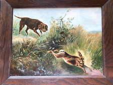 Antikes Ölgemälde im Eichenrahmen - Hasenjagd - 37 x 30 cm