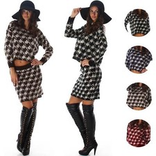 Damen 2-Teiler Pullover Rock Anzug Set Fransen Hahnentritt Sexy 34 36 38 XS S M