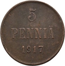 Russland Finnland 5 Penniä 1917 Kupfer 6,4 g  Original Münze   #PFO157