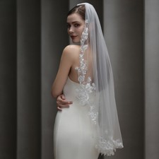 Hochzeit Schleier Ivory 100cm Brautschleier Kurz 1-lagig Spitze Aufkleber