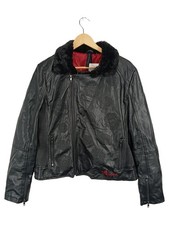 Desigual Damen Lederjacke Schwarz Gr. 46/3XL Modern Fellkragen Reißverschluss