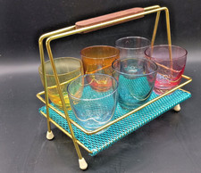 Vintage 6 Schnaps Partygläser 2cl mit Aluminium Ständer Goldner Farbe