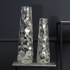 Vase 2er Set FineBuy Blumenvase Aluminium Tischvase Hammerschlag Dekovase Silber