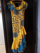 Bauchtanzkostüm, Folklorekleid Alexandria, Größe M, gelb/ mittelblau