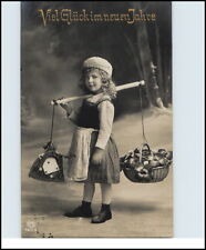NEUJAHR Grusskarte Neues Jahr 1917 Kind Mädchen mit Geldsach Blumen tolles Motiv