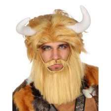 BIEST PERÜCKE HÖRNER VOLLBART BLOND Karneval Wikinger Märchen Kostüm Party Bart