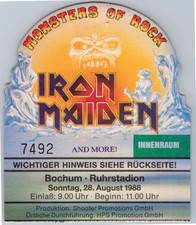 Iron Maiden Ticket 1988 Monsters of Rock Tour - Bochum Ruhrstadion Konzert Karte