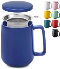 Teetasse mit Sieb und Deckel Keramik Tee Becher Groß Porzellan Set Blau XXL