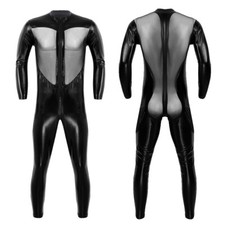 Herren Wetlook Jumpsuit Latex Ganzkörperanzug Männer Body Leder-Optik Bodysuit