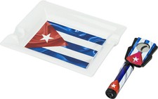 Zigarren Set Cuba Flag Zigarrenascher + 3er Jet Feuerzeug + Zigarrenabschneider