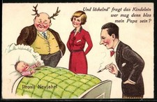 Ansichtskarte Familie bei Baby an der Wiege, Neujahrsgruß, Erotik 