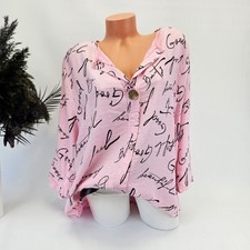 Italy Bluse Basic Leinen Look Tunika Langarm Shirt mit Schrift 42 44 46 48 Rosa