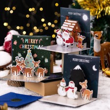 Weihnachtskarten 3er Set 3D Pop-Up Karten mit Umschlägen und Aufklebern 11x11 cm