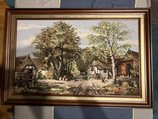 Gobelinbild Stickbild Echtholz-Rahmen, 93 x 62 cm, Motiv Bauerndorf