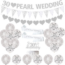 Perlen-Hochzeit Deko Luftballons Herzringe Tortenaufsatz Satinschärpe