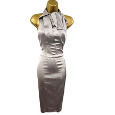 Karen Millen Vintage 14 UK Champagner Satin Neckholder Rüschen Ascot Bleistiftkleid