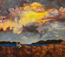 Ölgemälde Wachs Enkaustik Meer Küste Wolken Liebespaar /hinterleuchtet 