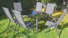 Garten Sitzgruppe, Tisch Glas, 5 (6) Stühle, verstellbar, Alu schwarz, gebraucht