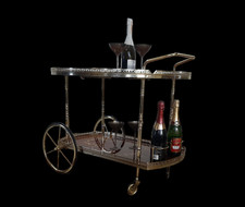 Alter Teewagen, Servierwagen, Metall, auf 4 Rollen und klappbare Plate