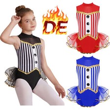 DE Mädchen Streifen Turnanzug Ärmellos Gymnastikanzug Leotard Tutu Rock Karneval