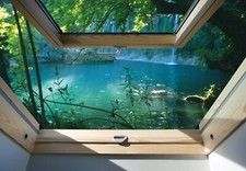 XL Fototapete Wallprint  Dachfenster  254 x 184 cm Vlies Ausblick Wasserfall