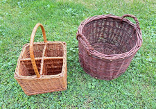 2 x Rattan Körbe Holzkorb + Flaschenkorb  Flaschenträger, in guter Zustand (C10)