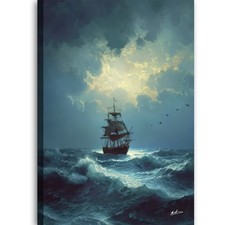 Leinwand Bild Boot Meer Schiff in der stürmischen See Kunstdruck Gemälde 8509A