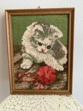Stickbild, Große mit rahmen-26x20 cm , Katze mit Wolle, sehr gut ?, Handarbeit 