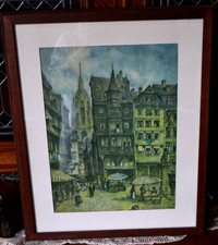 Alte Lithographie? Ansicht Römer Richtung Dom Ffm Wilhelm Gutmann Holzrahmen