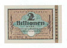 Notgeldschein 2 Billionen Mark Stadt Remscheid. Serie "C" 1923.  Sammlerqualität