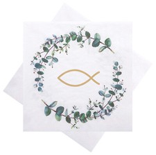 Servietten 33x33cm Kommunion Konfirmation Fisch in Eukalyptus Kranz Deko 20Stück