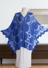 LAGENLOOK Überwurf Tunika Poncho Shirt 48 50 52 54 56 58 60 Spitze royal blau