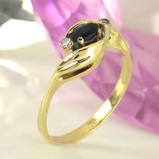 Schmaler Ring 585 Gelbgold 14K 1 blauer Saphir Navette 2 kleine Diamanten Gr. 55