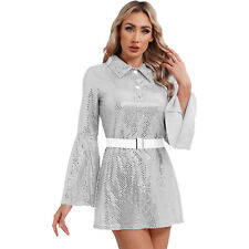 DE Damen Hippie Kostüm 60er 70er Jahre Pailletten Kleid mit Gürtel Glitzer Party