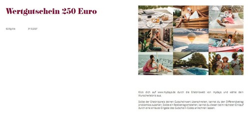 Mydays wertgutschein 250 - wertgutschein, €