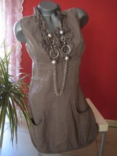 LEINENKLEID KLEID TUNIKA Sommerkleid braun Gr.36 Dame Rüsche NEU Italy SEXY