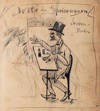 Humor Eisenbahn Stettin-Berlin Im Speisewagen Monogramm Unikat Zeichnung um 1900