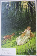 AK sign. Mailick - Reh nähert sich der Fee im Wald / Waldfee - um 1900