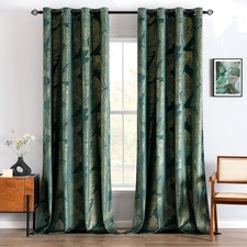 Samt Vorhänge Dunkelgrün mit Goldfolie Blätter Muster 2er Pack