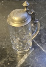 Antiker Bierkrug 0,5L Glas m. Zinndeckel Monogramm Jugendstil