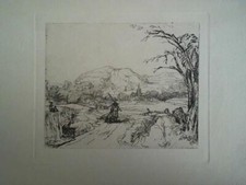 Landschaft mit Mann, Angelrute und Hund, im Hintergrund Stadt und Berge - Heliog